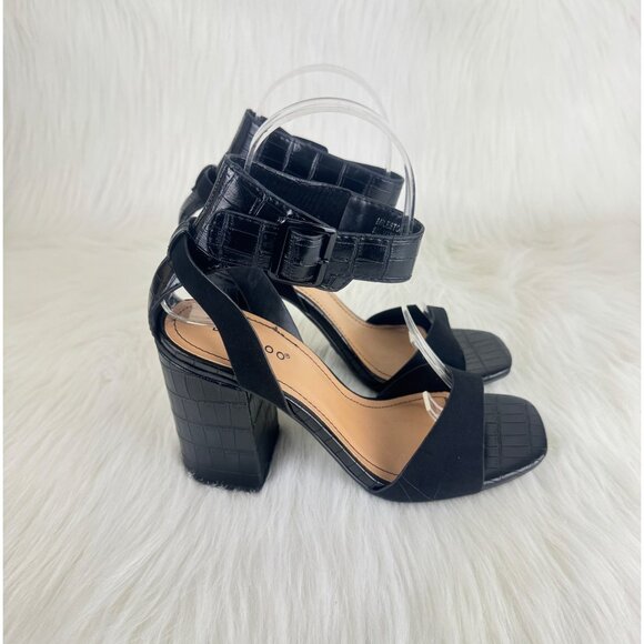 Women's Bamboo Milestone Croc Accent Ankle Strap Chunky Block Heel Sandals Black - Picture 5 of 8